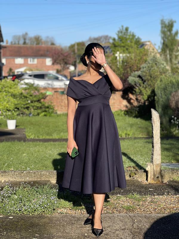 Quiz navy and cream bardot dress best sale