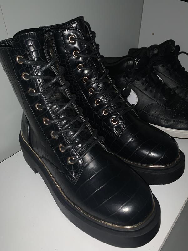 New look lace up flat boots in black outlet croc