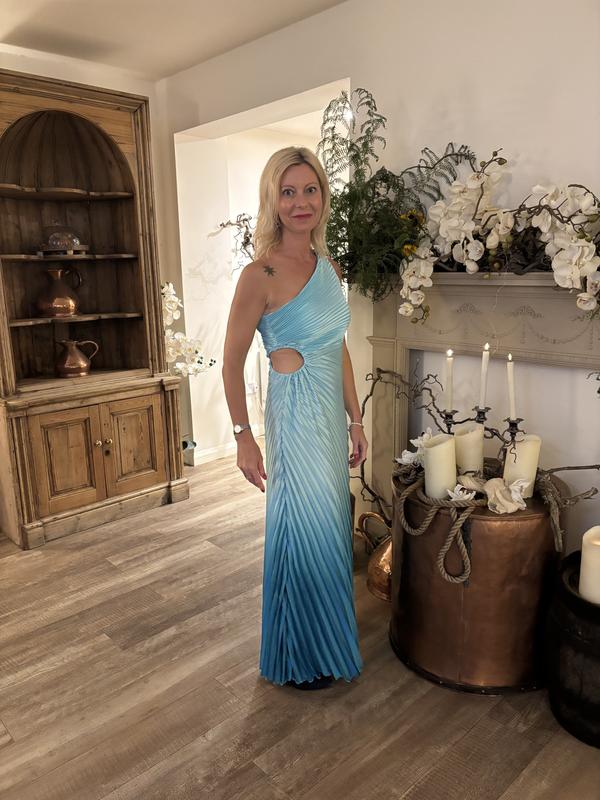 Blue Ombre Pleated Satin Maxi Dress