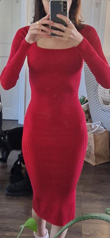 Red Square Neck Long Sleeve Bodycon Midi Dress