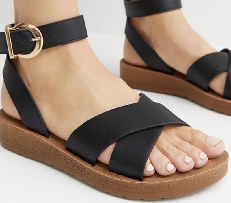 Wide Fit Tan Leather-Look Cross Strap Footbed Sandals