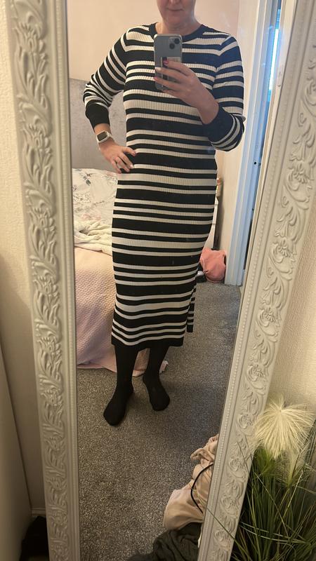 Black Stripe Ribbed Knit Long Sleeve Midi Dress | New Look