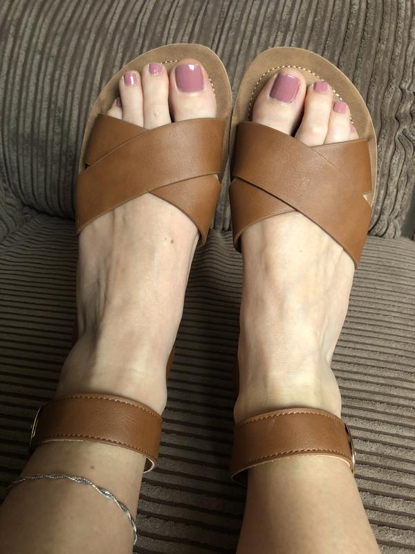 Wide Fit Tan Leather-Look Cross Strap Footbed Sandals