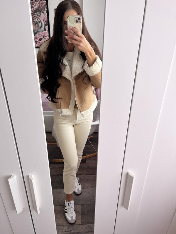 Tan Faux Shearling Trim Cropped Aviator Jacket