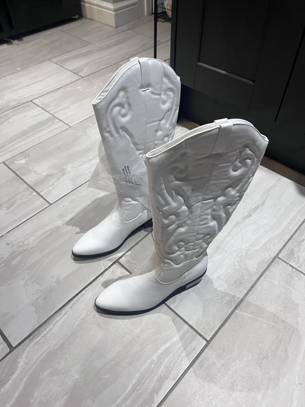 White Leather Look Block Heel Cowboy Boots New Look