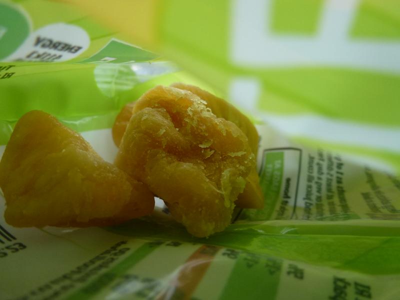 Dried Pineapple inside the packet. Can't recycle plastic packet at curb