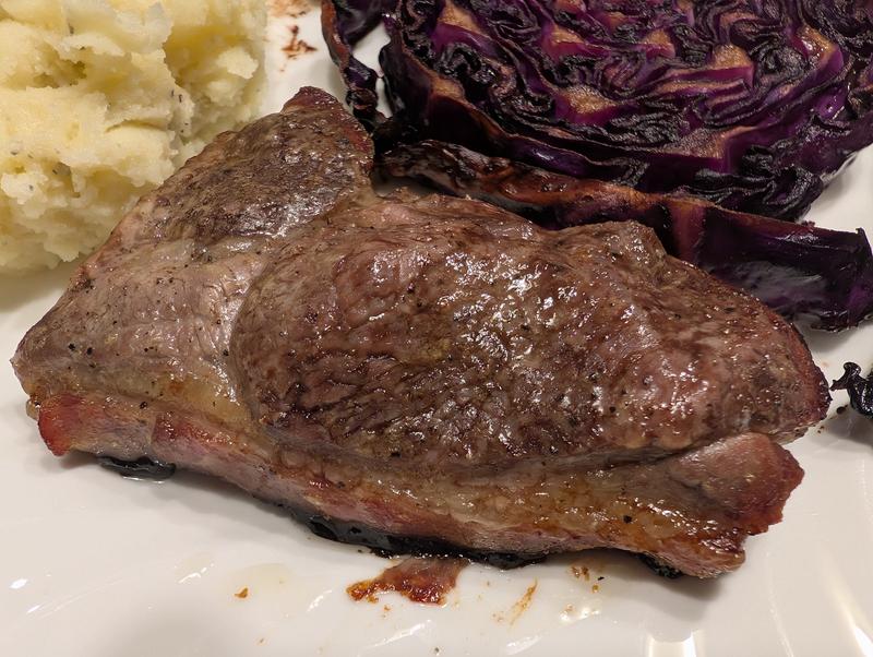 A close-up of my steak - you can see how we seasoned it before cooking, and how the fat's turned out.