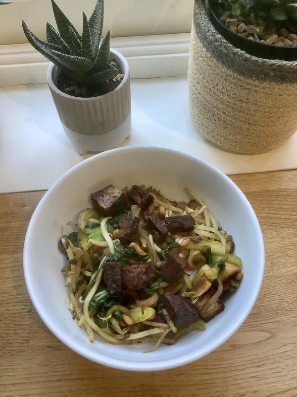 In a stir fry after marinated and baked.