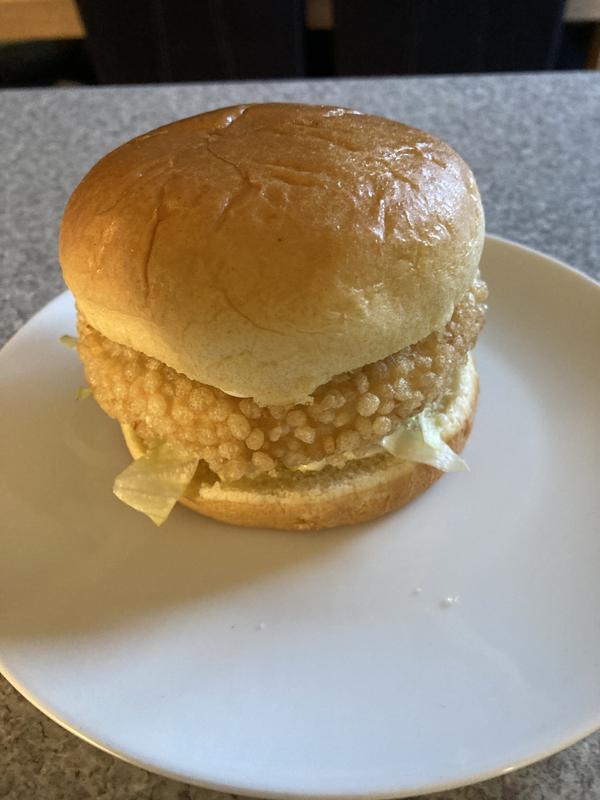 Voila, the finished chicken burger in a brioche bun