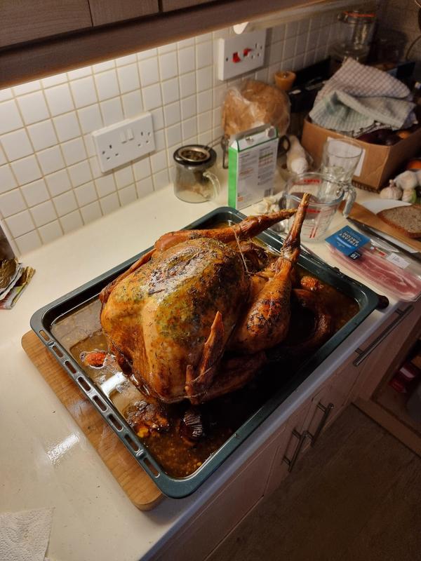 After 3hrs at 130C, bacon rashes if you wish, back in oven for 10mins, then foil over and I reduce temp to 120C for remaining time (total cook time was 6 hours- slow cook) Turkey moist, tender, and almost fell off the bone - Delicious!