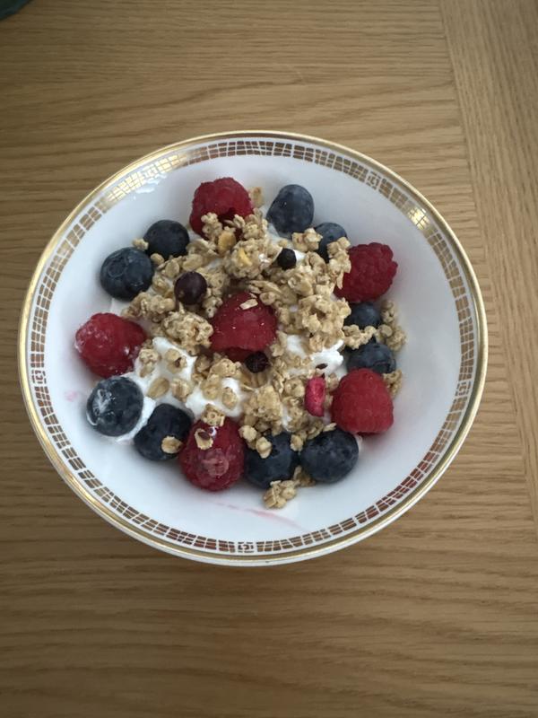 High protein granola,berries and Greek yoghurt breakfast bowl