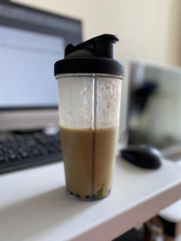 Matcha Banana Almond Milk smoothie with tapioca pearls