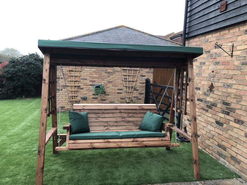 Charles Taylor Dorset Three Seat Swing with Green Cushions and Roof Cover Robert Dyas