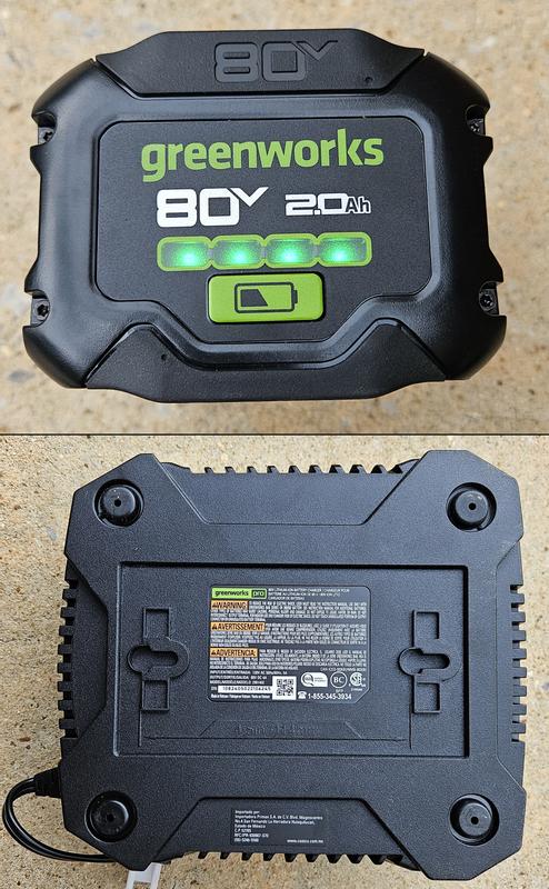 battery indicator, base has 4 rubber feet or can be hung with 2 screws