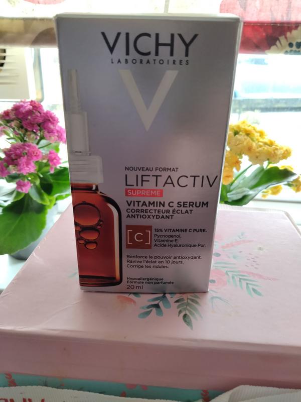 The product and my skin after using the Vichy Lift active Supreme Vitamin C serum.