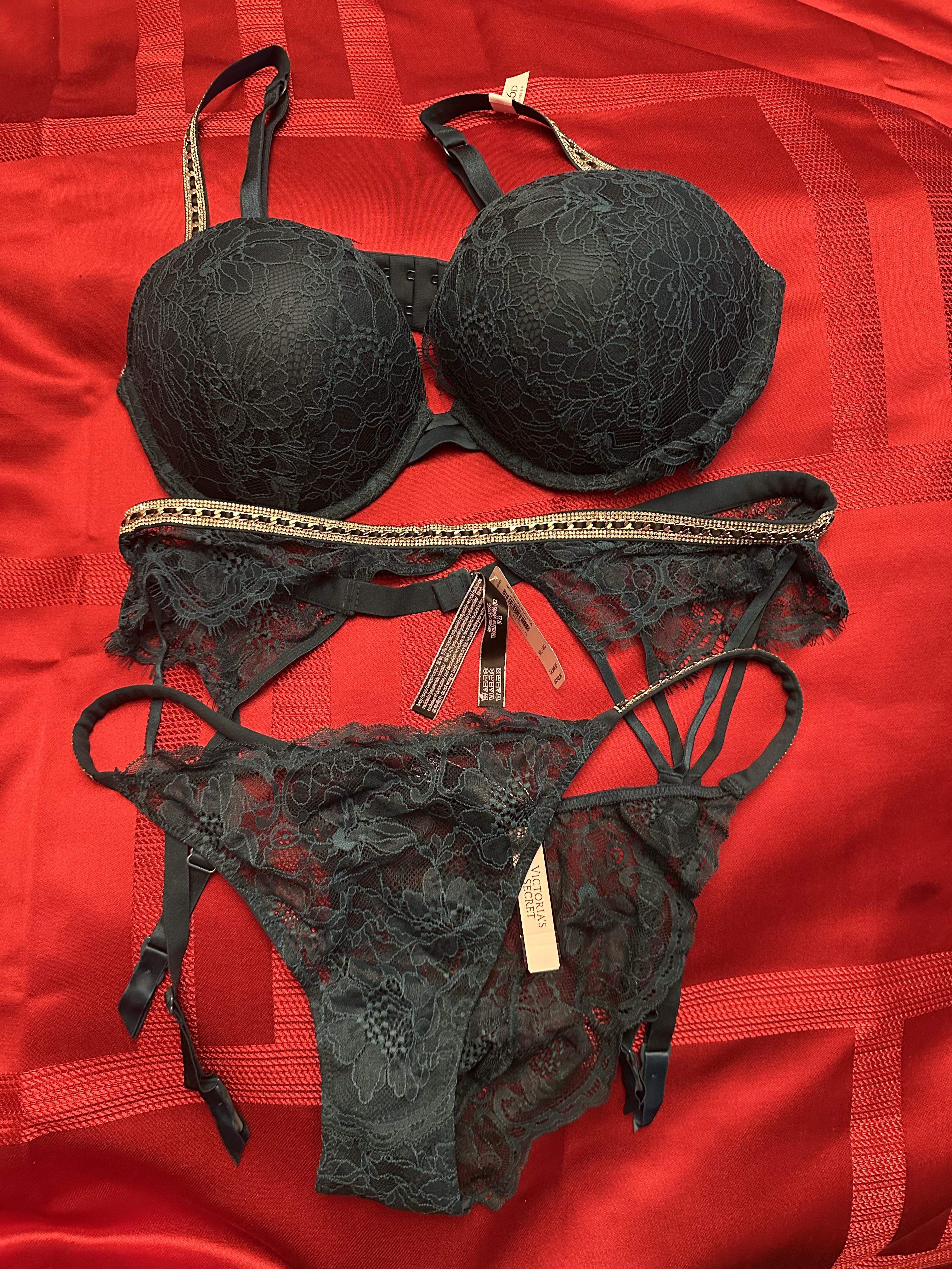 Victoria's Secret Shine Strap Lace Garter Belt & Thong 2 piece matching set