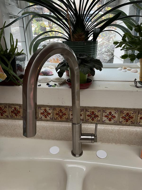 Hart Hexad kitchen faucet with plastic plugs from previous 3-hole setup