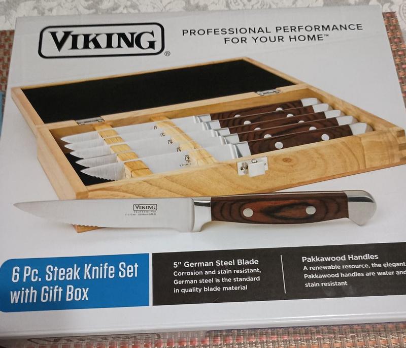 Viking Steakhouse Pakka Wood 6-Piece Steak Knife Set with Gift Box (Bl